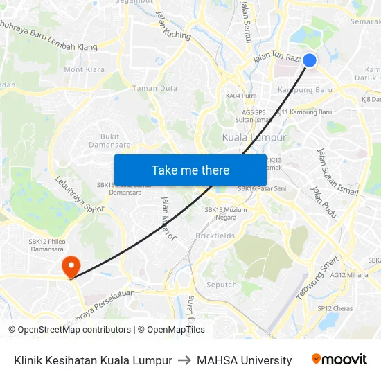 Klinik Kesihatan Kuala Lumpur to MAHSA University map