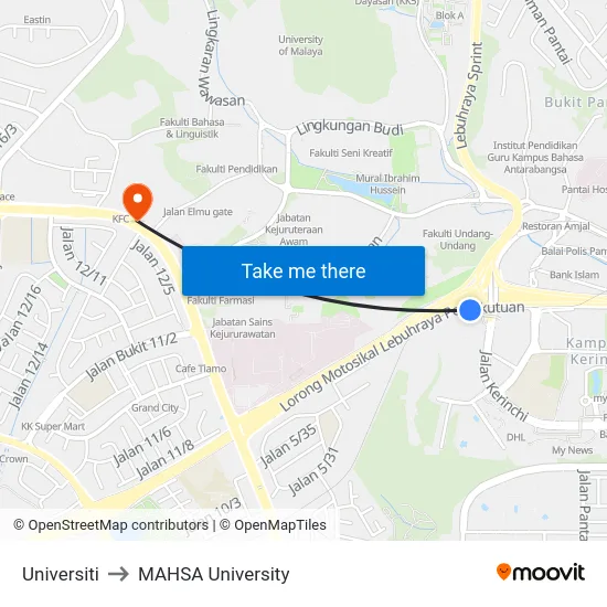 Universiti to MAHSA University map