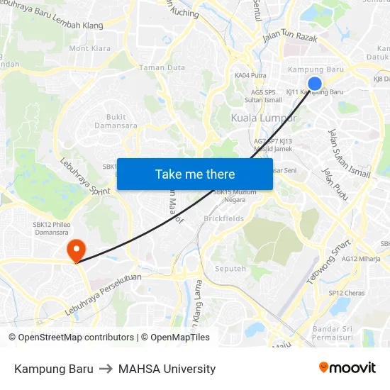 Kampung Baru to MAHSA University map