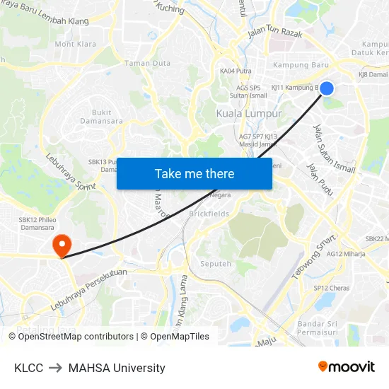 KLCC to MAHSA University map