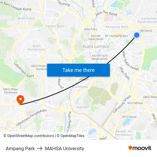 Ampang Park to MAHSA University map