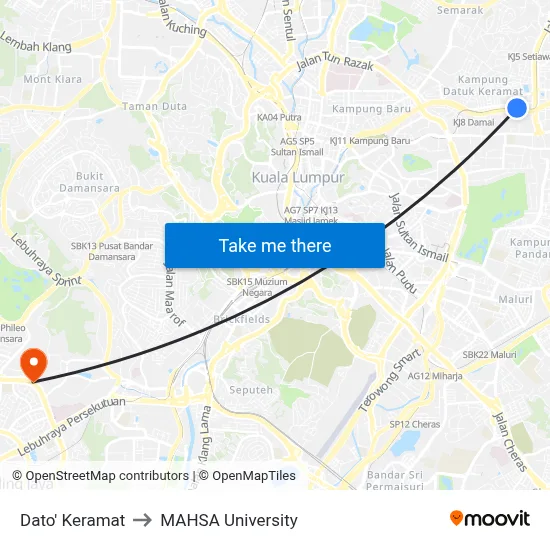 Dato' Keramat to MAHSA University map