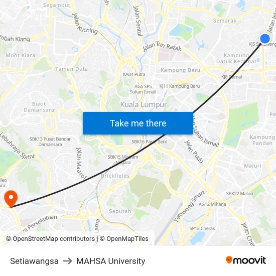 Setiawangsa to MAHSA University map