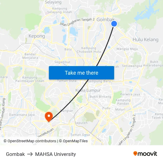 Gombak to MAHSA University map