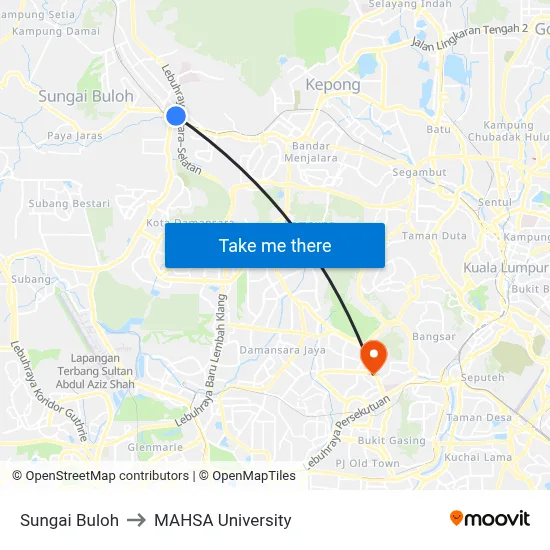Sungai Buloh to MAHSA University map