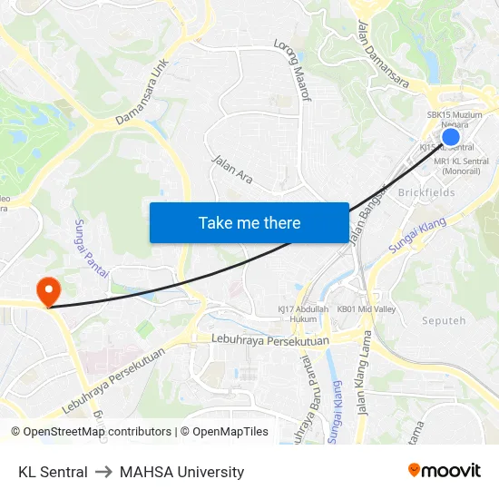 KL Sentral to MAHSA University map