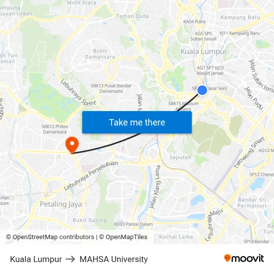 Kuala Lumpur to MAHSA University map