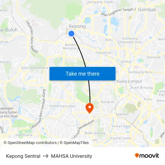 Kepong Sentral to MAHSA University map