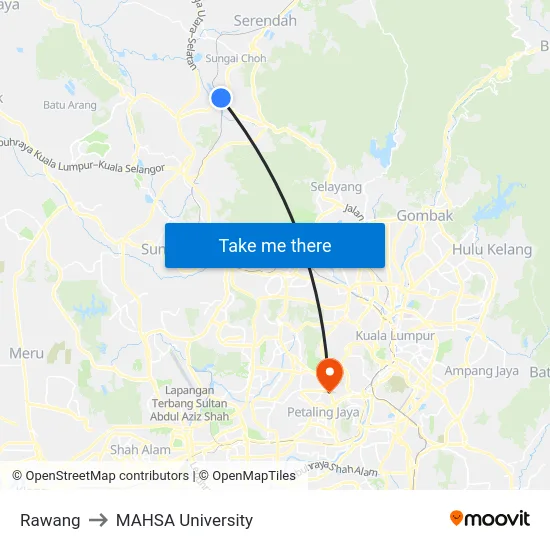 Rawang to MAHSA University map