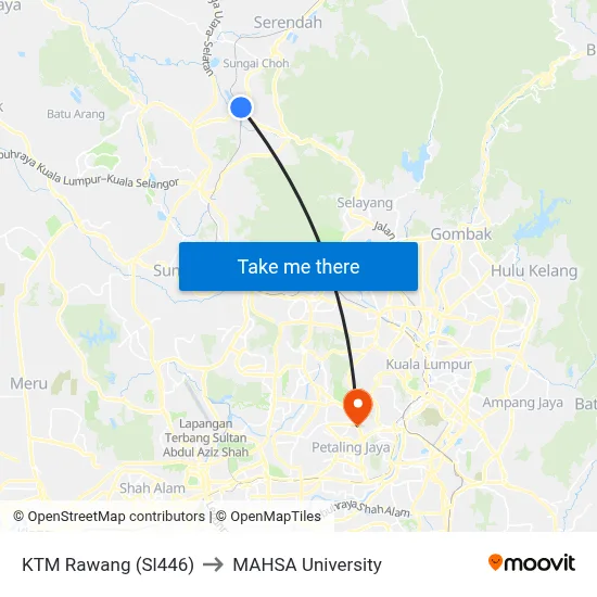 KTM Rawang (Sl446) to MAHSA University map
