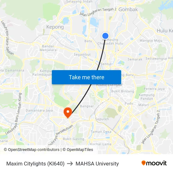 Maxim Citylights (Kl640) to MAHSA University map