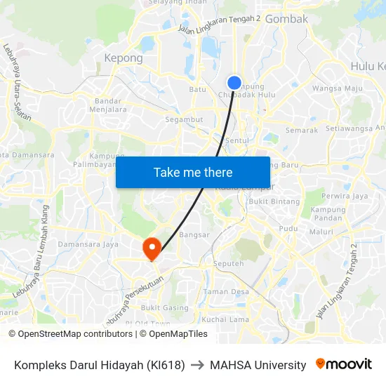 Kompleks Darul Hidayah (Kl618) to MAHSA University map