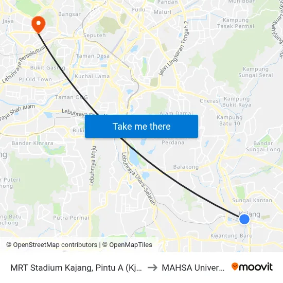 MRT Stadium Kajang, Pintu A (Kj822) to MAHSA University map