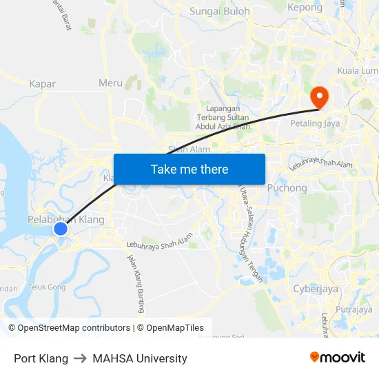 Port Klang to MAHSA University map