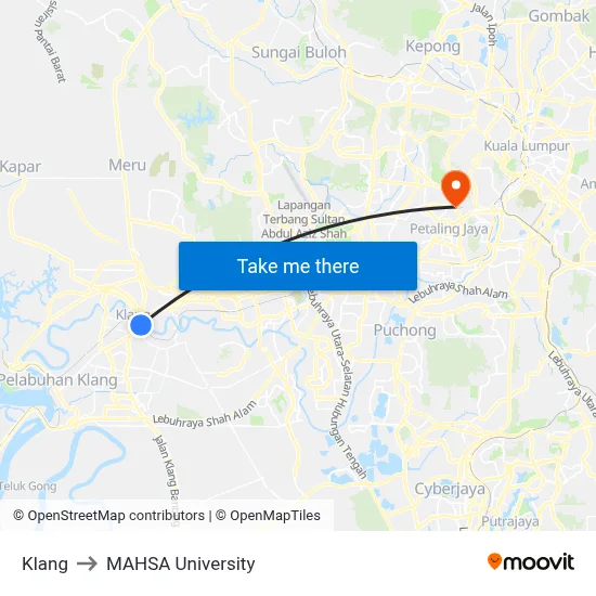 Klang to MAHSA University map