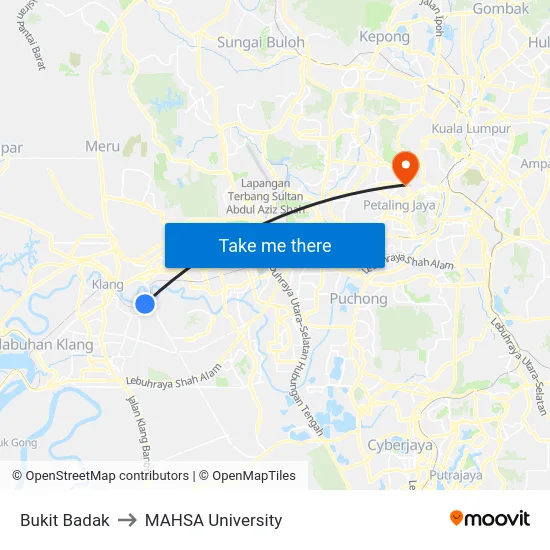 Bukit Badak to MAHSA University map