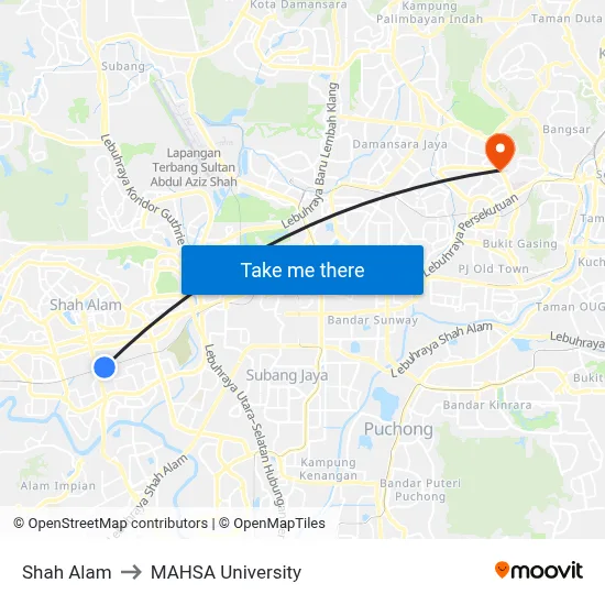 Shah Alam to MAHSA University map