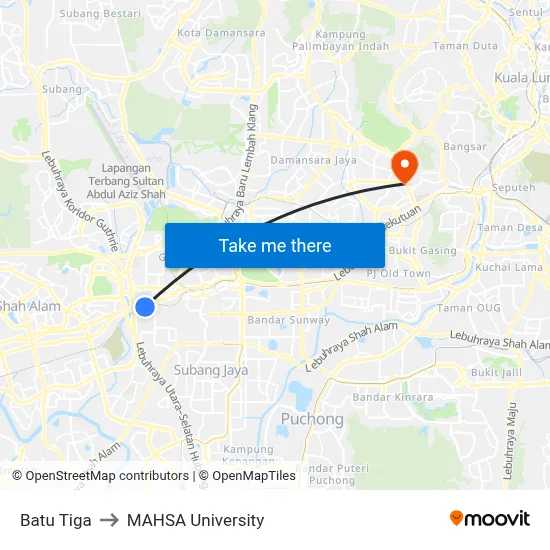 Batu Tiga to MAHSA University map