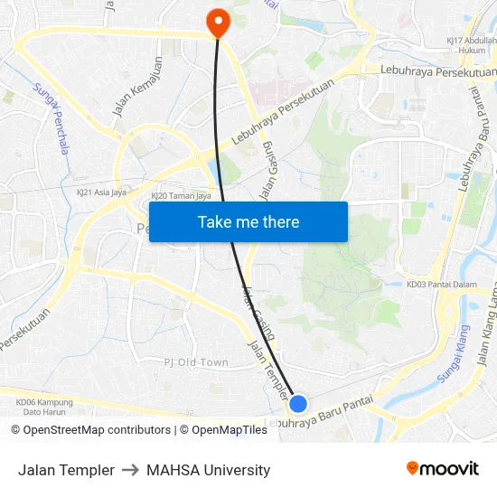 Jalan Templer to MAHSA University map