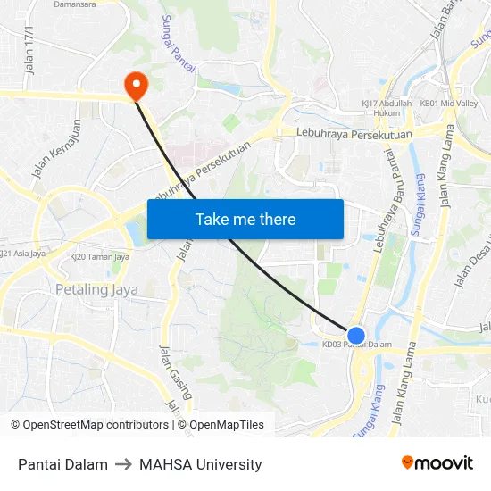 Pantai Dalam to MAHSA University map