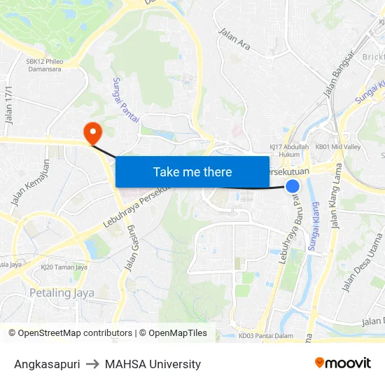 Angkasapuri to MAHSA University map