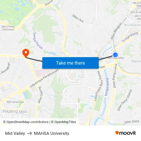 Mid Valley to MAHSA University map