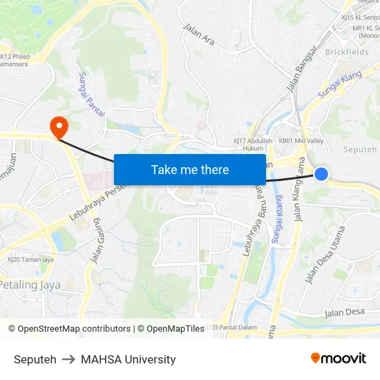 Seputeh to MAHSA University map