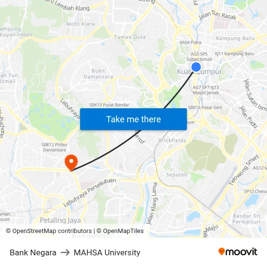 Bank Negara to MAHSA University map