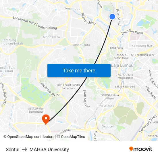 Sentul to MAHSA University map