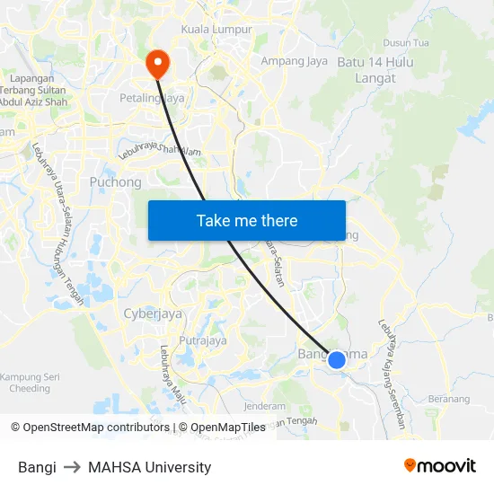 Bangi to MAHSA University map