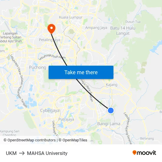 UKM to MAHSA University map