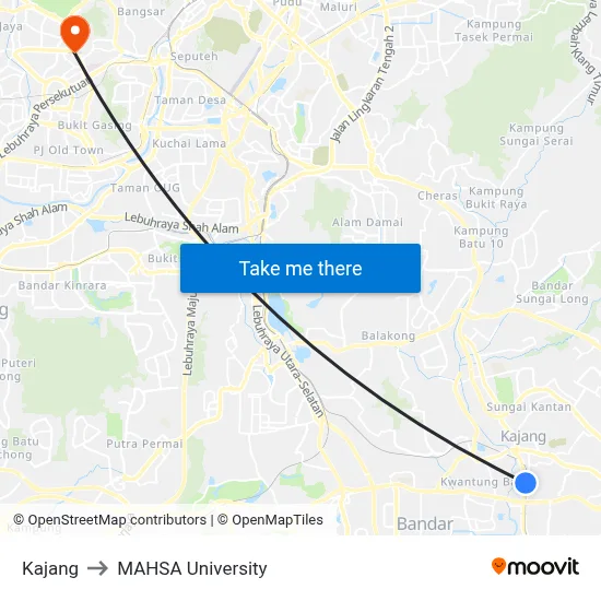 Kajang to MAHSA University map