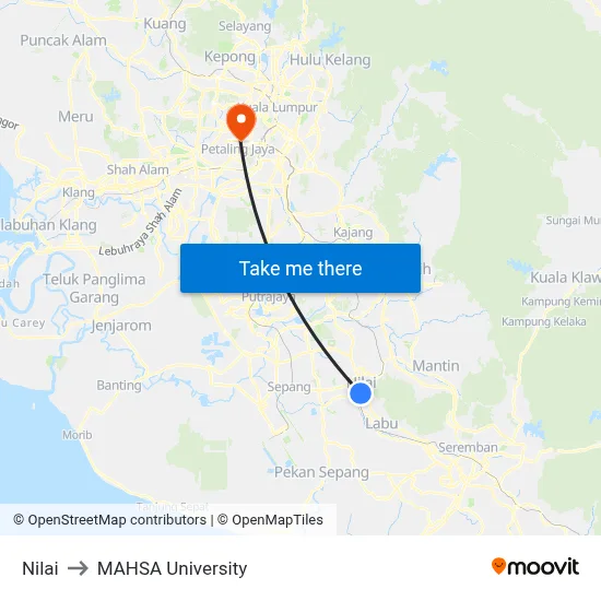 Nilai to MAHSA University map