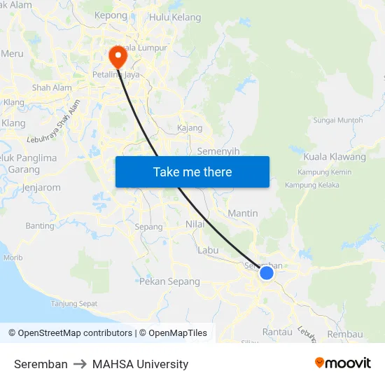 Seremban to MAHSA University map