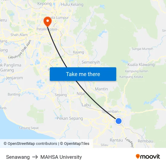 Senawang to MAHSA University map
