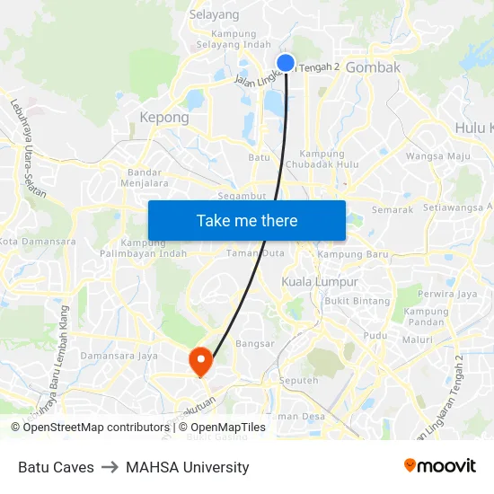 Batu Caves to MAHSA University map