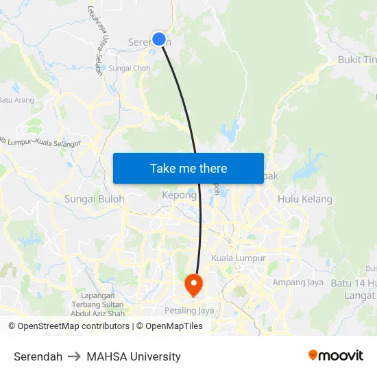 Serendah to MAHSA University map