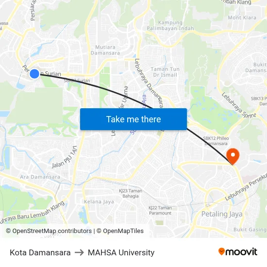 Kota Damansara to MAHSA University map