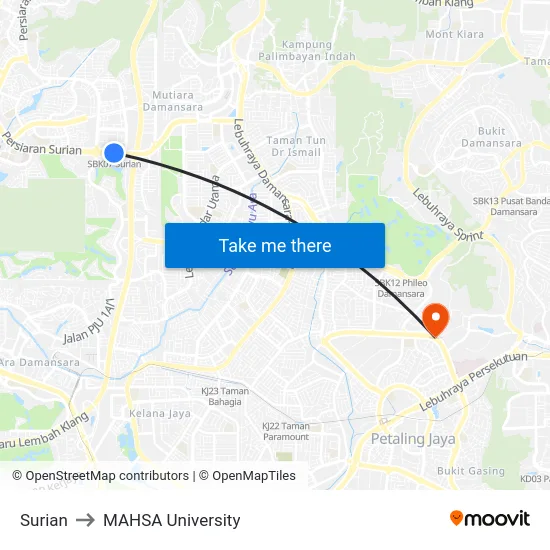 Surian to MAHSA University map