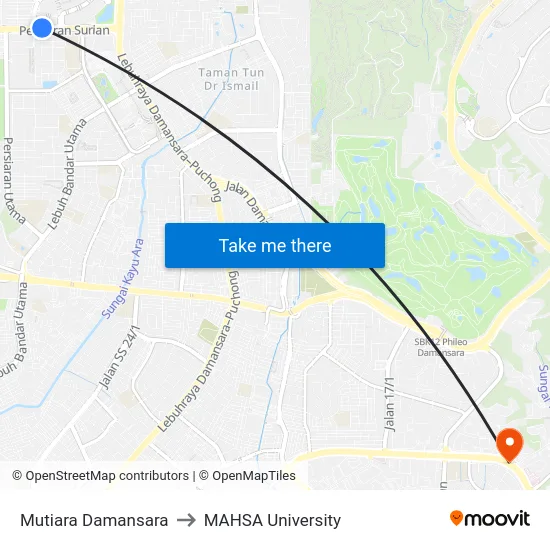 Mutiara Damansara to MAHSA University map