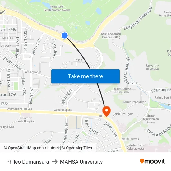 Phileo Damansara to MAHSA University map