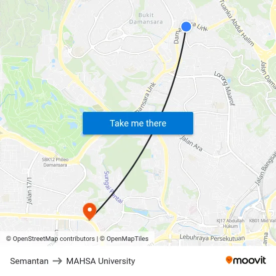 Semantan to MAHSA University map