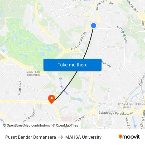 Pusat Bandar Damansara to MAHSA University map
