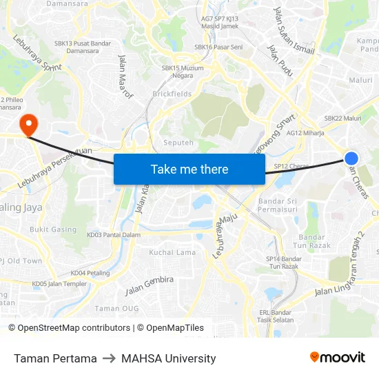 Taman Pertama to MAHSA University map