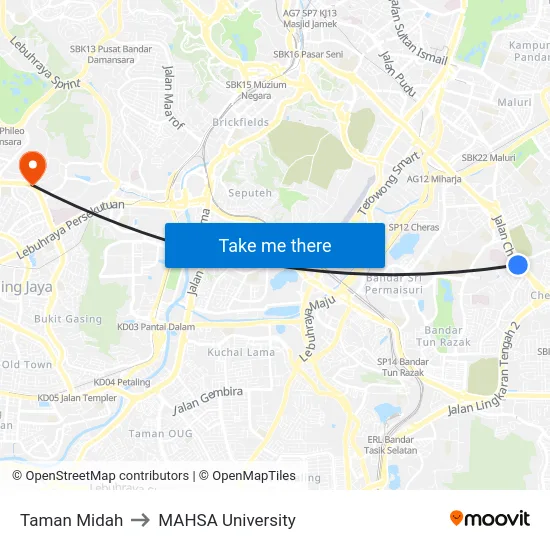 Taman Midah to MAHSA University map