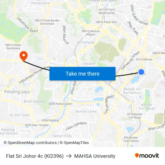Flat Sri Johor 4c (Kl2396) to MAHSA University map