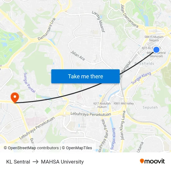 KL Sentral to MAHSA University map
