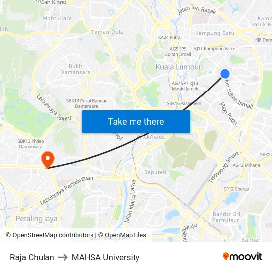 Raja Chulan to MAHSA University map