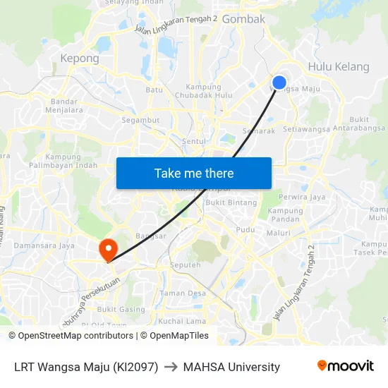 LRT Wangsa Maju (Kl2097) to MAHSA University map