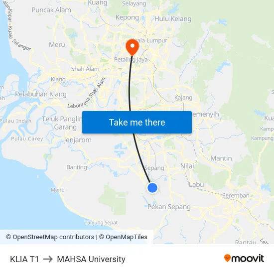 KLIA T1 to MAHSA University map